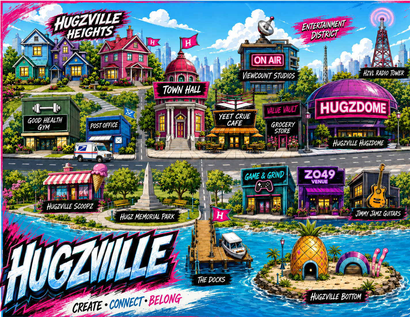 Illustrated map of Hugzville